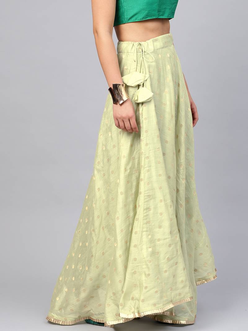 Green Chanderi Cotton Woven Flared Skirt