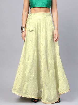 Green Chanderi Cotton Woven Flared Skirt 4