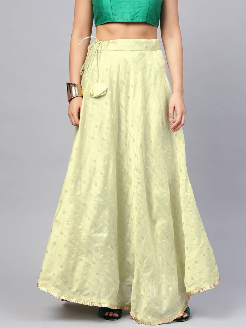 Green Chanderi Cotton Woven Flared Skirt