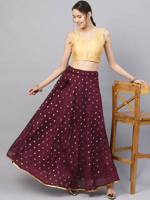 Wine Chanderi Cotton Woven Flared Skirt 1