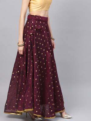 Wine Chanderi Cotton Woven Flared Skirt 2