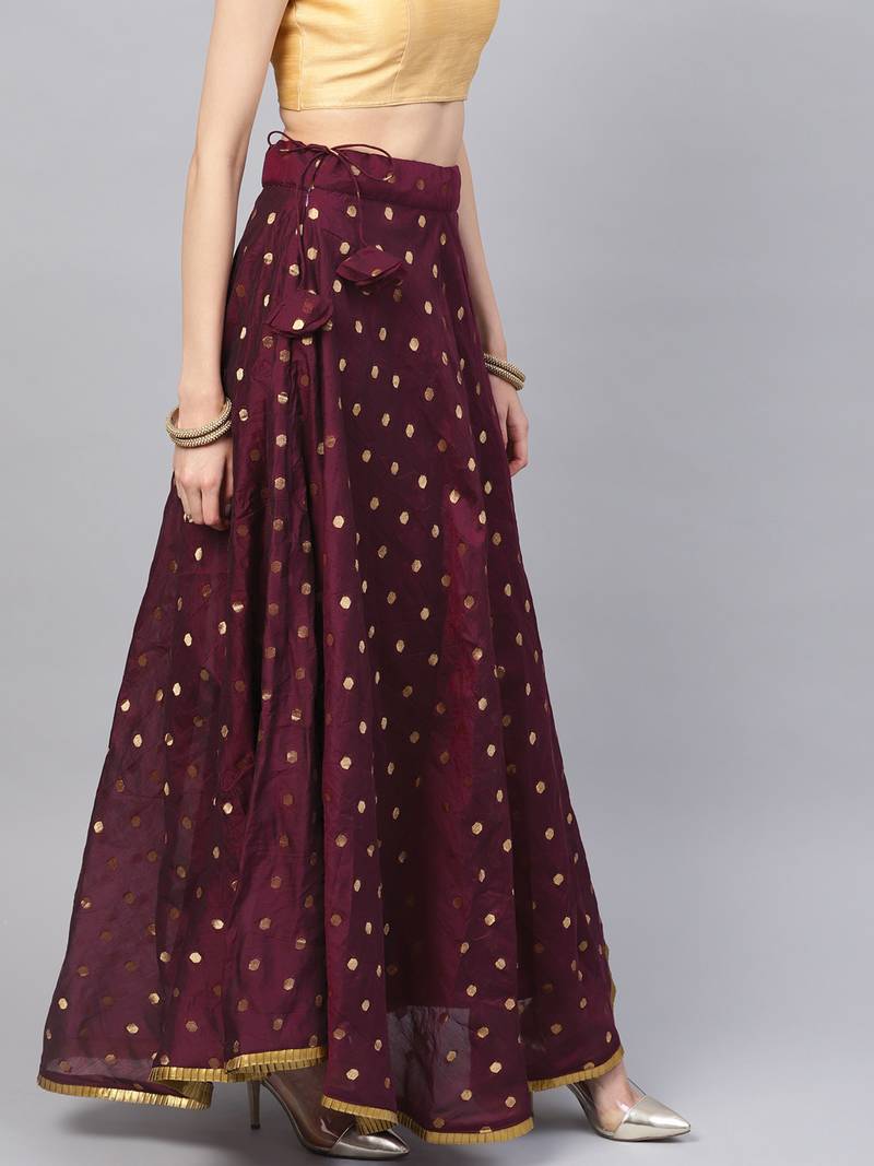 Wine Chanderi Cotton Woven Flared Skirt