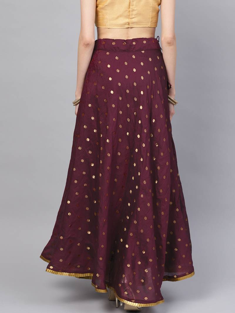 Wine Chanderi Cotton Woven Flared Skirt