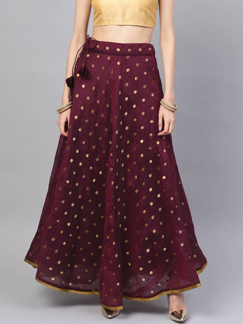 Wine Chanderi Cotton Woven Flared Skirt
