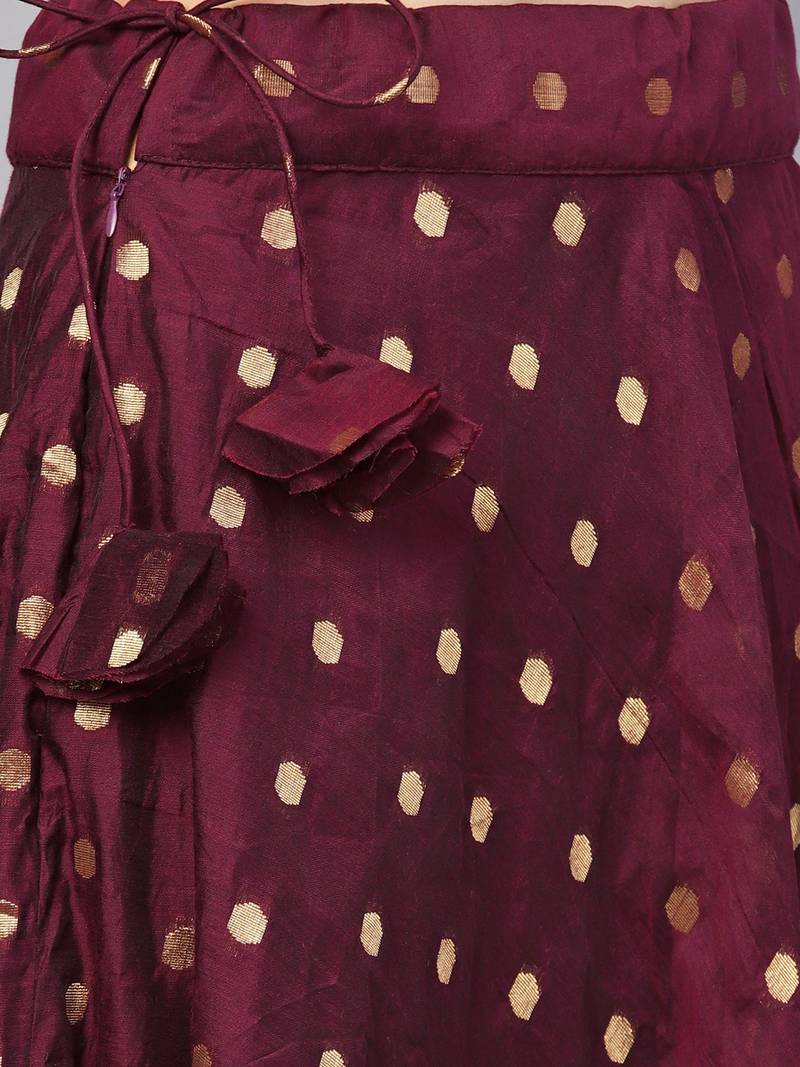 Wine Chanderi Cotton Woven Flared Skirt