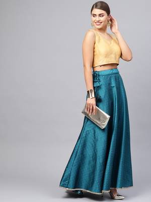 Teal Silk Blend Zari Embellished Flared Skirt 1