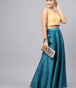 Teal Silk Blend Zari Embellished Flared Skirt