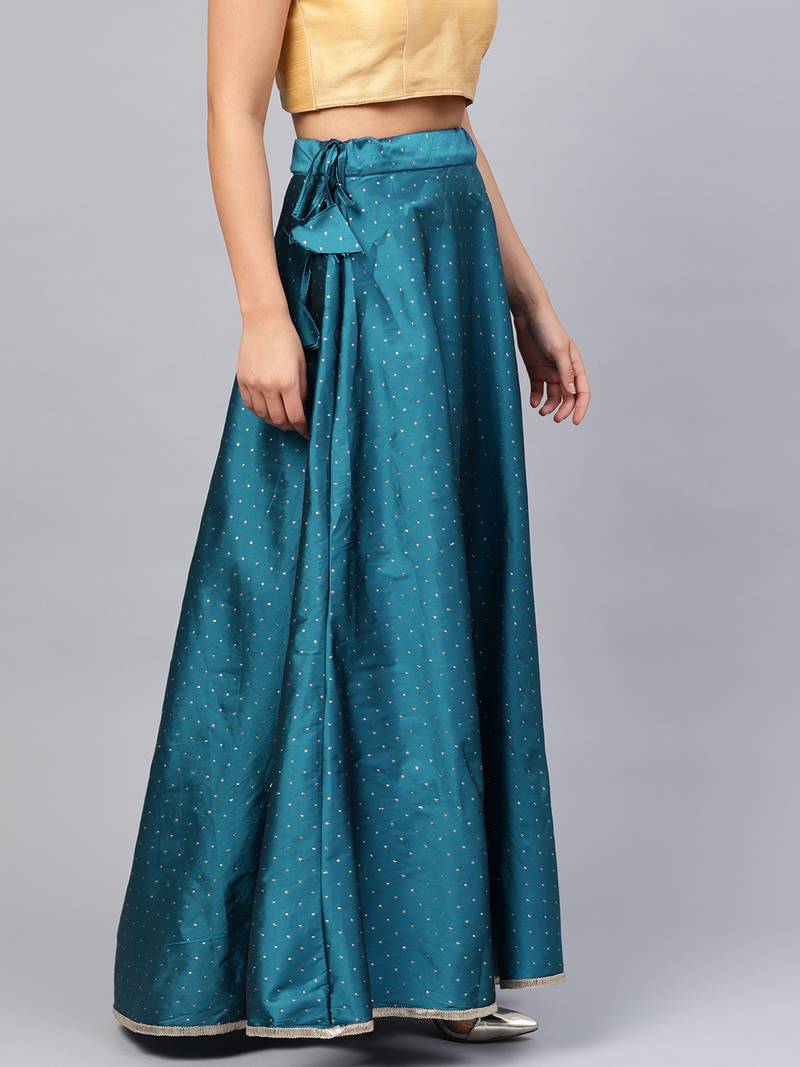 Teal Silk Blend Zari Embellished Flared Skirt