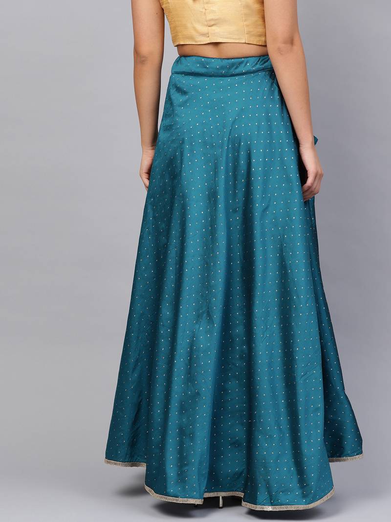 Teal Silk Blend Zari Embellished Flared Skirt