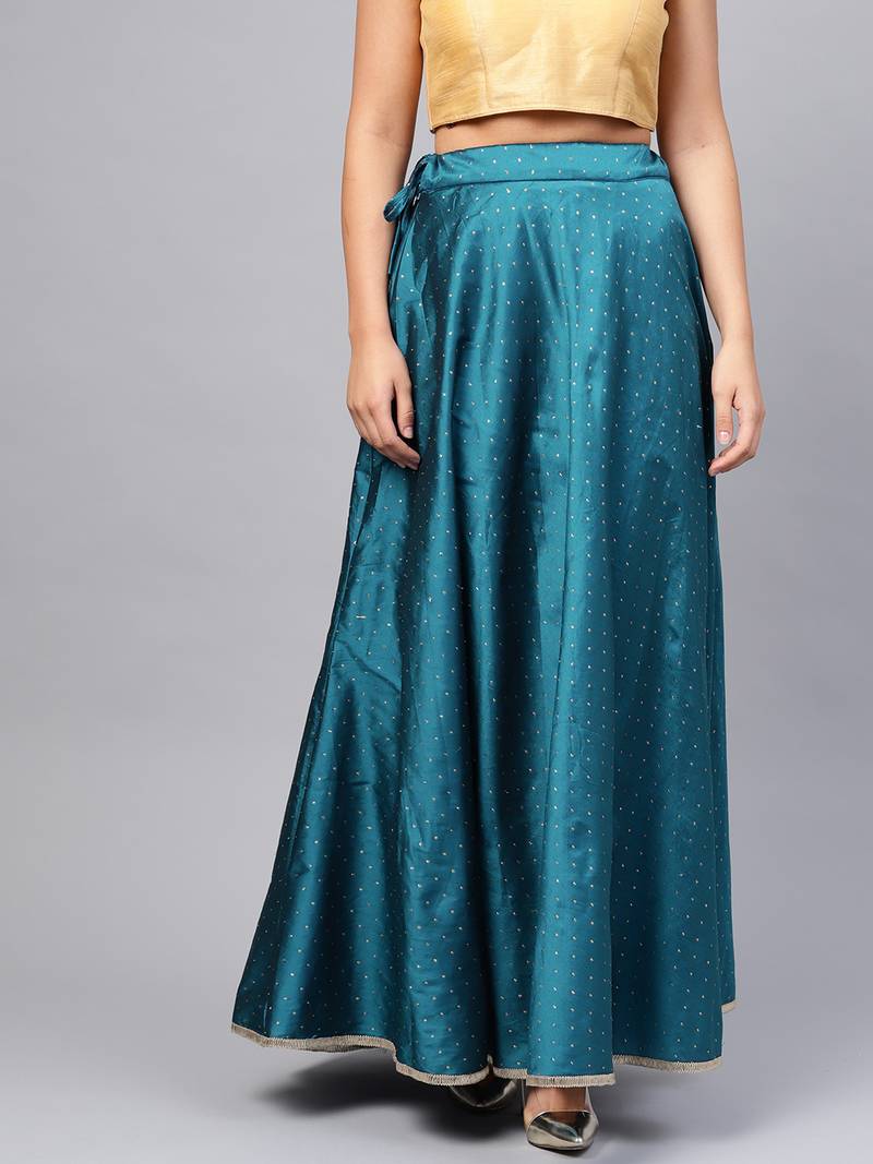 Teal Silk Blend Zari Embellished Flared Skirt