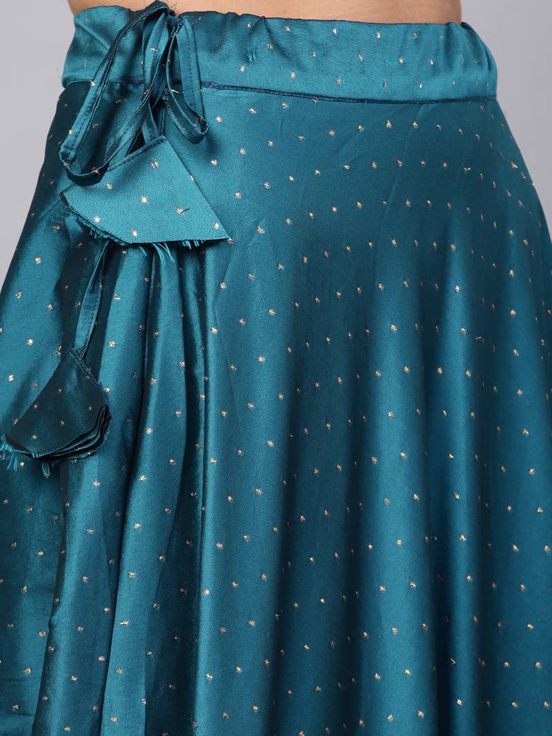 Teal Silk Blend Zari Embellished Flared Skirt