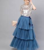 Blue Net Solid Layered Skirt