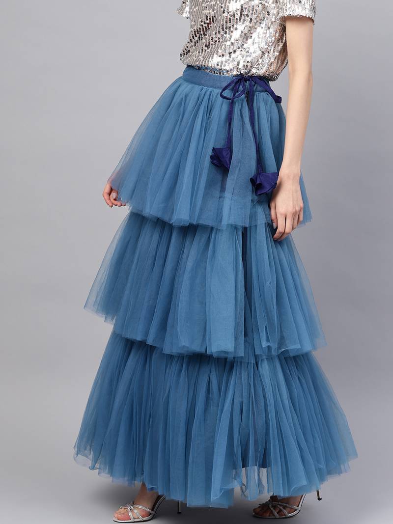 Blue Net Solid Layered Skirt