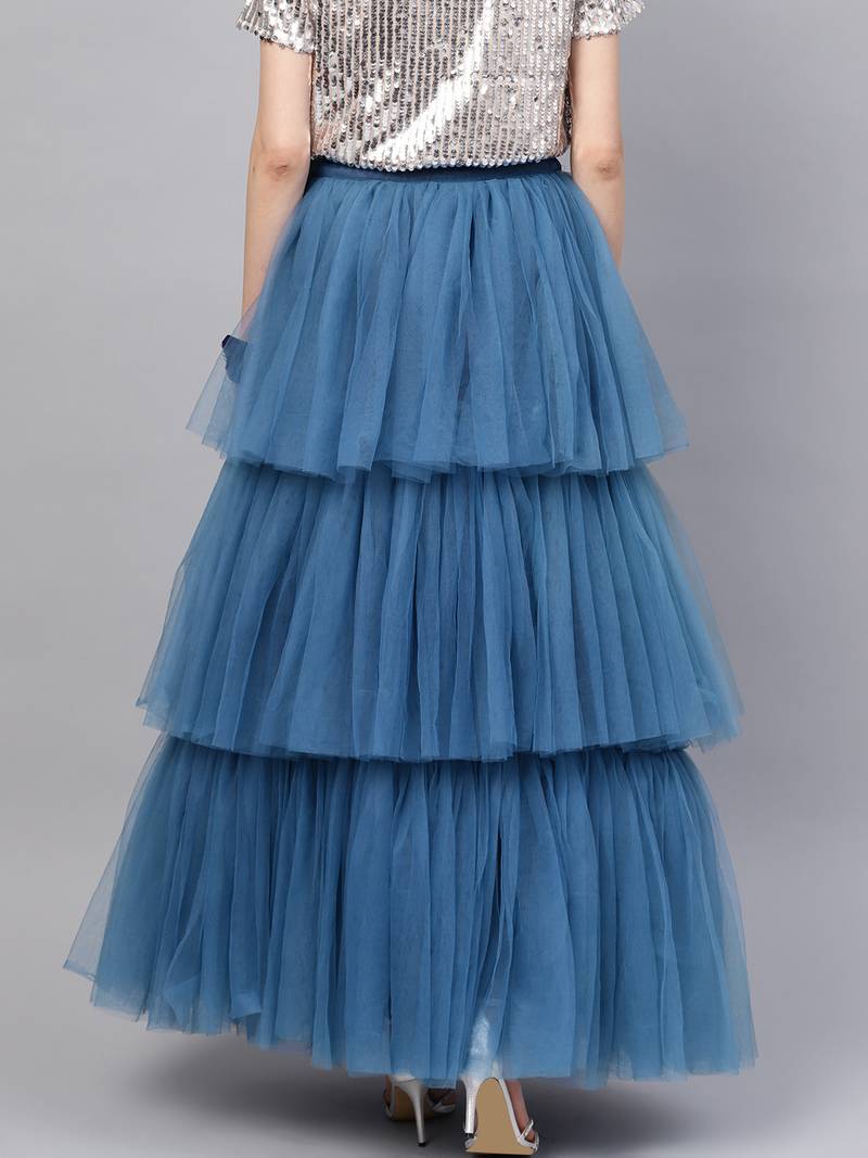 Blue Net Solid Layered Skirt