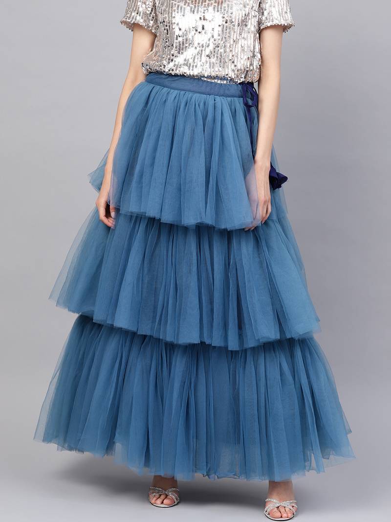 Blue Net Solid Layered Skirt
