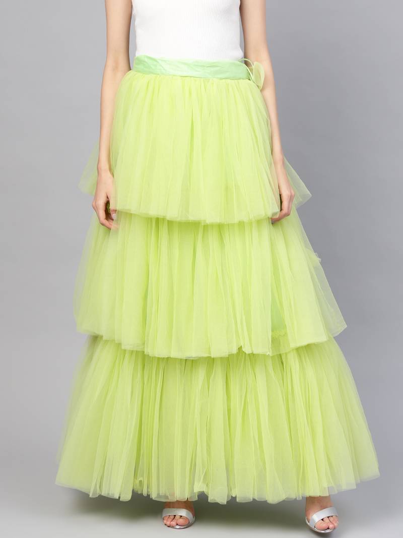 Green Net Solid Layered Skirt