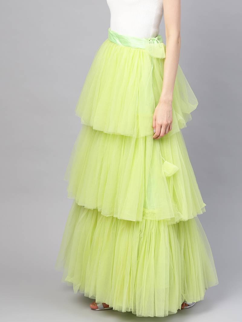 Green Net Solid Layered Skirt Inddus 3035575