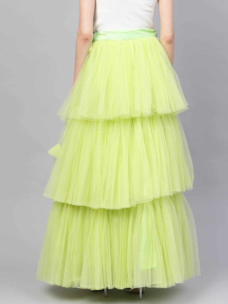 Green Net Solid Layered Skirt