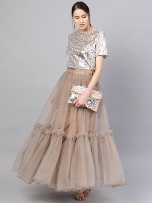 Brown Net Solid Ruffle Skirt 1