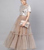 Brown Net Solid Ruffle Skirt