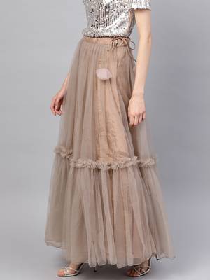 Brown Net Solid Ruffle Skirt 2
