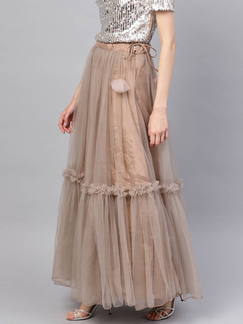 Brown Net Solid Ruffle Skirt