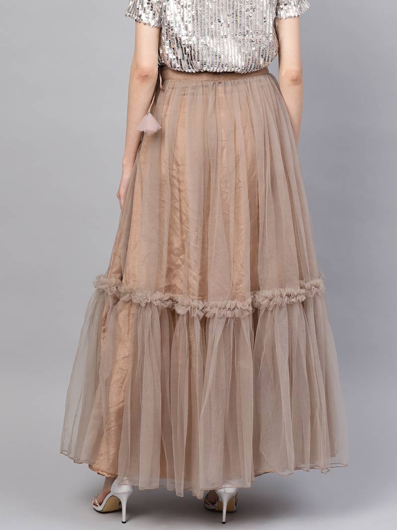 Brown Net Solid Ruffle Skirt