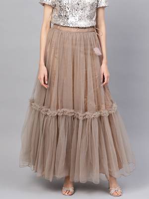 Brown Net Solid Ruffle Skirt 4