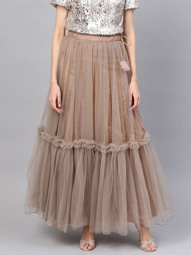 Brown Net Solid Ruffle Skirt