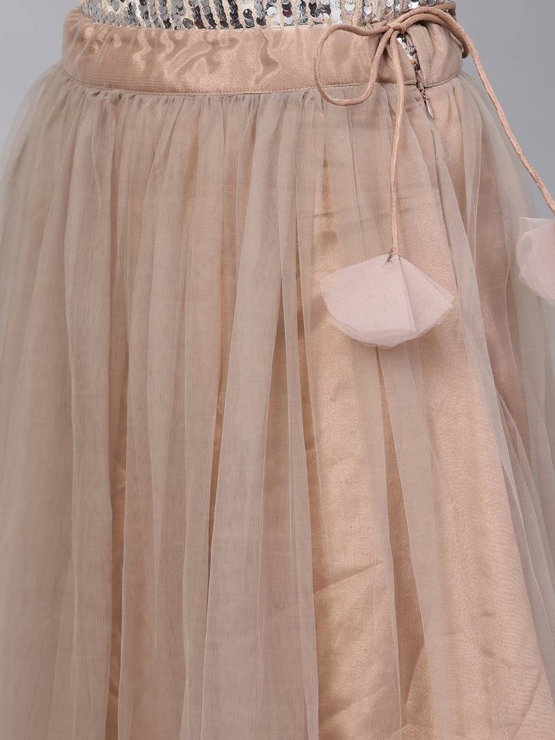 Brown Net Solid Ruffle Skirt