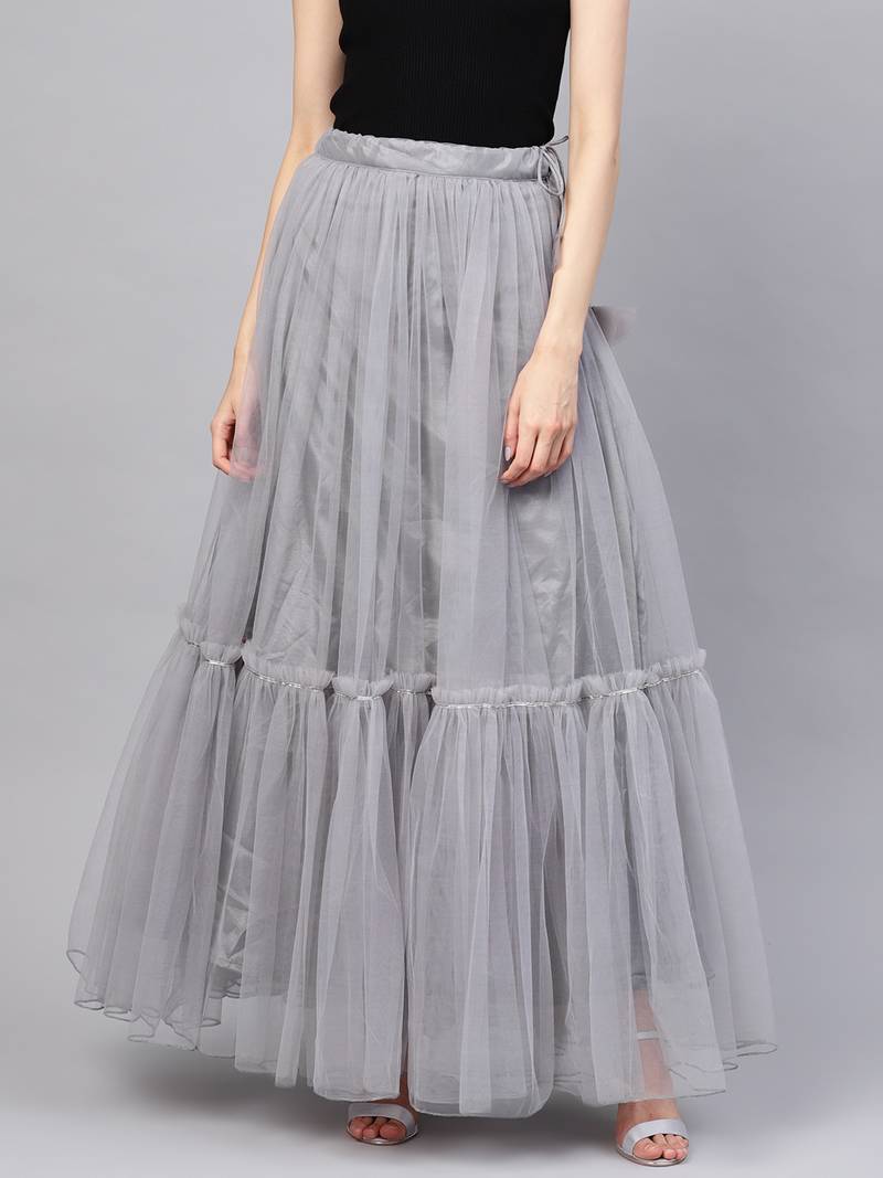 Grey Net Solid Ruffle Skirt