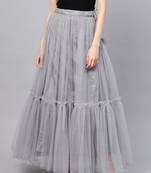 Grey Net Solid Ruffle Skirt