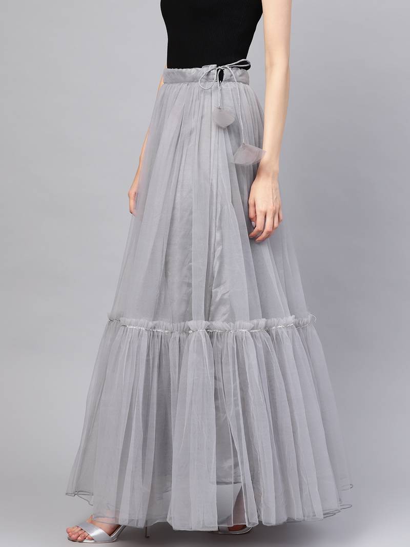 Grey Net Solid Ruffle Skirt