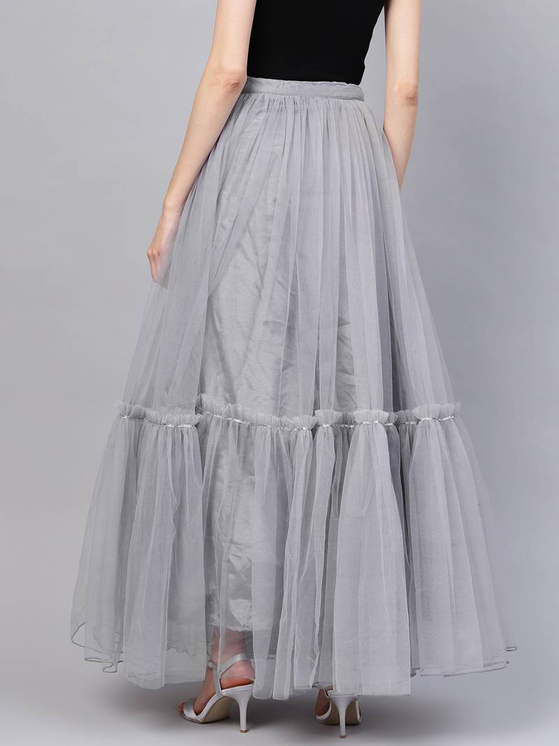 Grey Net Solid Ruffle Skirt