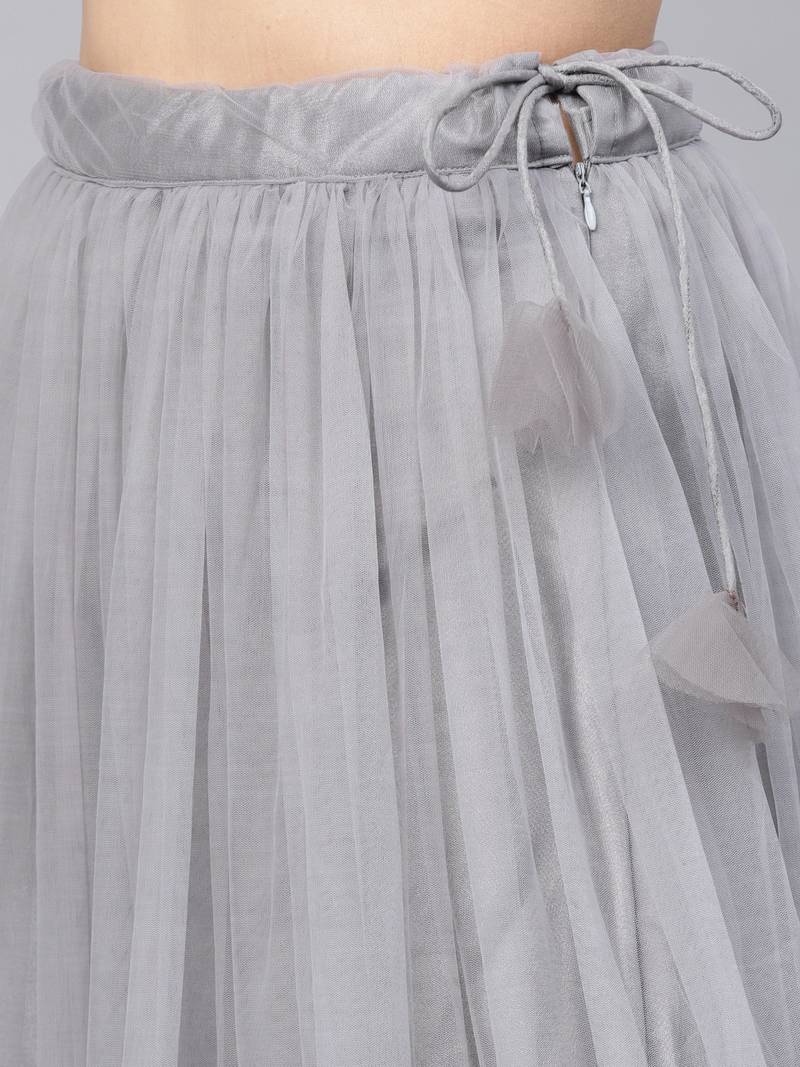 Grey Net Solid Ruffle Skirt