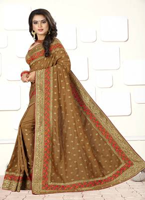 Brown embroidered art silk blend saree with blouse 2