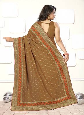 Brown embroidered art silk blend saree with blouse 3