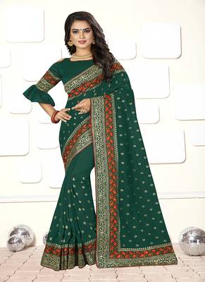   dark green embroidered art silk blend saree with blouse 1