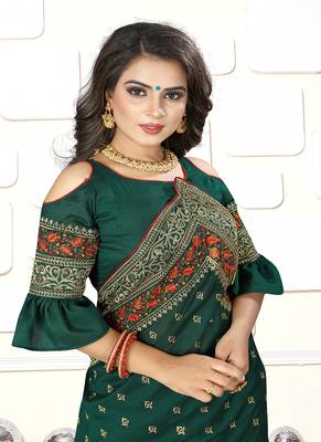   dark green embroidered art silk blend saree with blouse 4