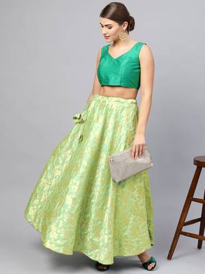 Green Silk Blend Woven Flared Skirt 1