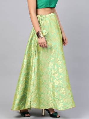 Green Silk Blend Woven Flared Skirt 2