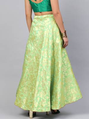 Green Silk Blend Woven Flared Skirt 3