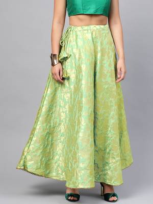 Green Silk Blend Woven Flared Skirt 4