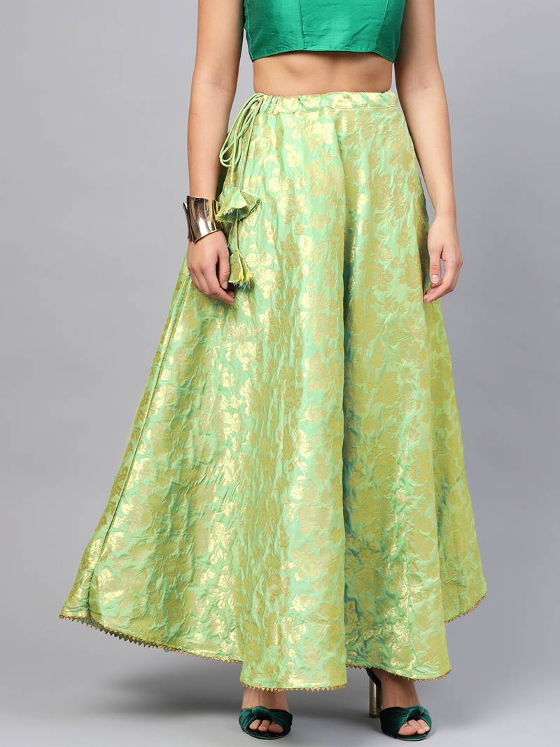 Green Silk Blend Woven Flared Skirt