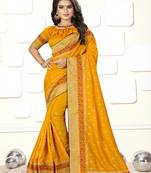 Yellow embroidered art silk blend saree with blouse