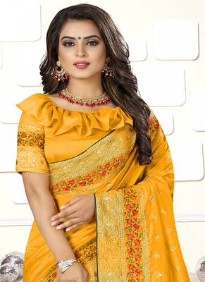 Yellow embroidered art silk blend saree with blouse 3