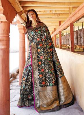 Black woven silk blend saree with blouse 1