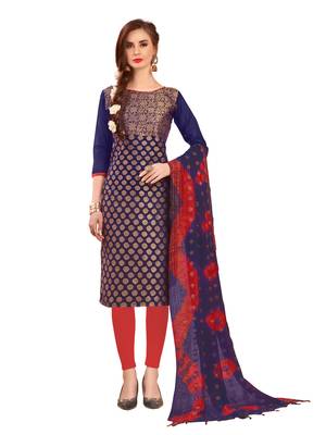 Navy-blue woven banarasi unstitched salwar with dupatta 1
