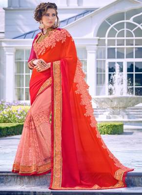 Red embroidered georgette saree with blouse 1
