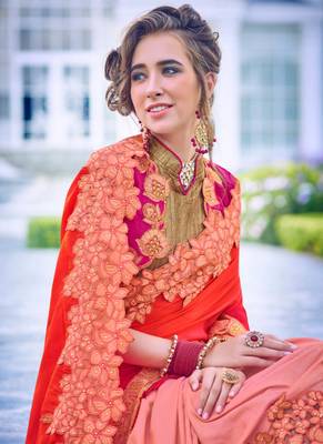 Red embroidered georgette saree with blouse 2